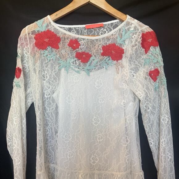Lulumari Anthropologie Floral Lace Mini Dress Size S Sheer Beachy Vaca Boho Y2K - Picture 4 of 13